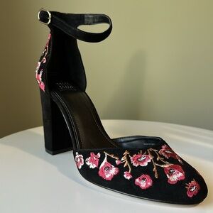 White House Black Market Piper Suede Ankle Strap Block Heel Floral Embroidery